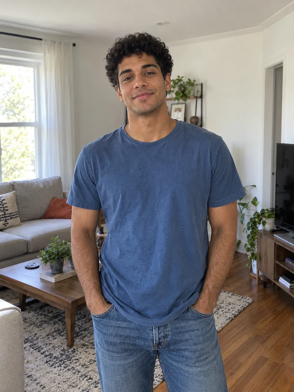 A person in a blue T-shirt with a clear face and upper body in an ordinary living room